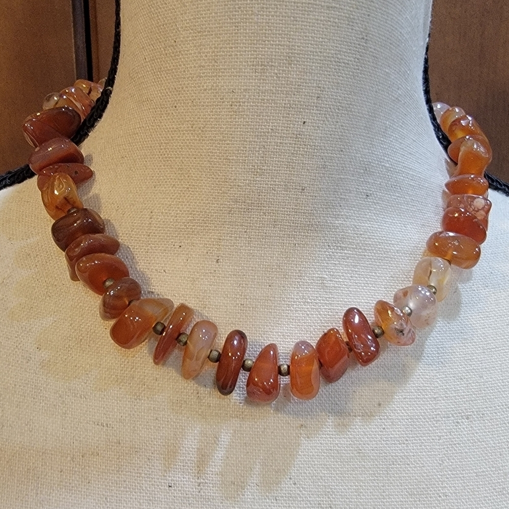 Carnelian Agate Stone Nugget Bead Necklace Orange Red 18” Vintage Style